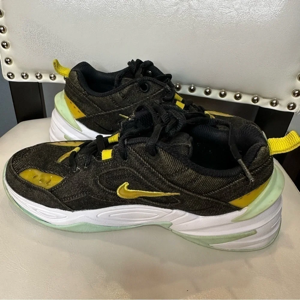 Nike Womens M2K Tekno Black Twill Denim Size 7 BV0970 001 Yellow Mint Colorway